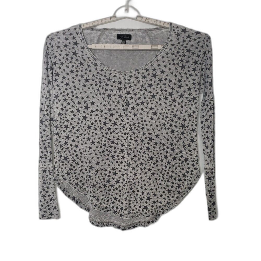 Lucky Brand Gray Thermal Long Sleeve Scoop Neck Top Star Pattern Womens Small